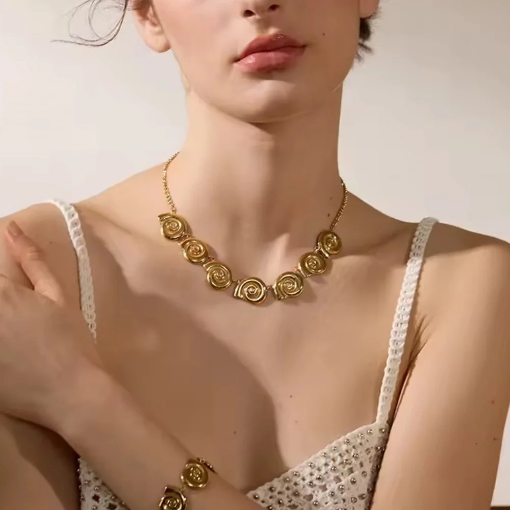 Gold Swirl Statement Necklace – Stainless Steel, Real Gold Plated - Picture 3 of 17